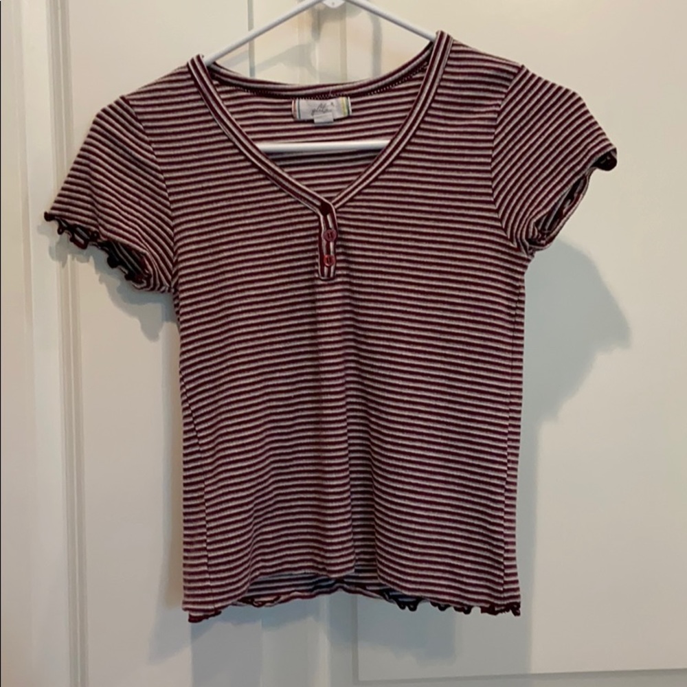 maroon, grey, and white stripped tight crop top